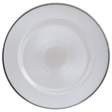 Ida White Embossed Glass Charger Plate with Silver Rim