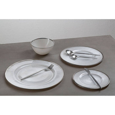 Ida White Embossed Glass Charger Plate with Silver Rim