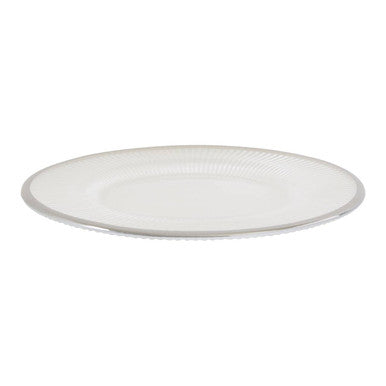Ida white embossed glass side plate with silver rim featuring a clear textured pattern and smooth rounded edges