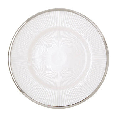 Ida white embossed glass side plate with silver rim featuring white ceramic and subtle radial ridges
