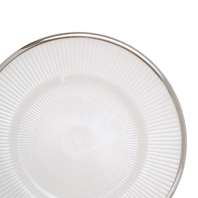 Ida white embossed glass side plate with white embossed ribbed design and elegant silver rim
