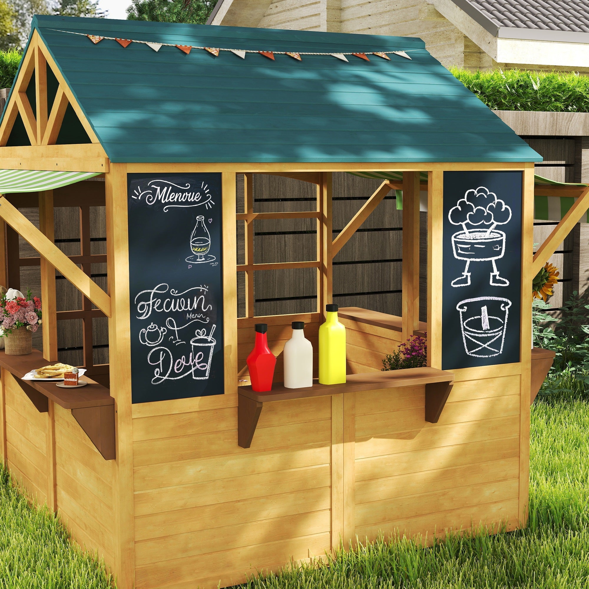 AIYAPLAY Wooden Playhouse for Kids, Foldable Wendy House with Windows, Working Door, Service Stations, Rain Covers, Brown