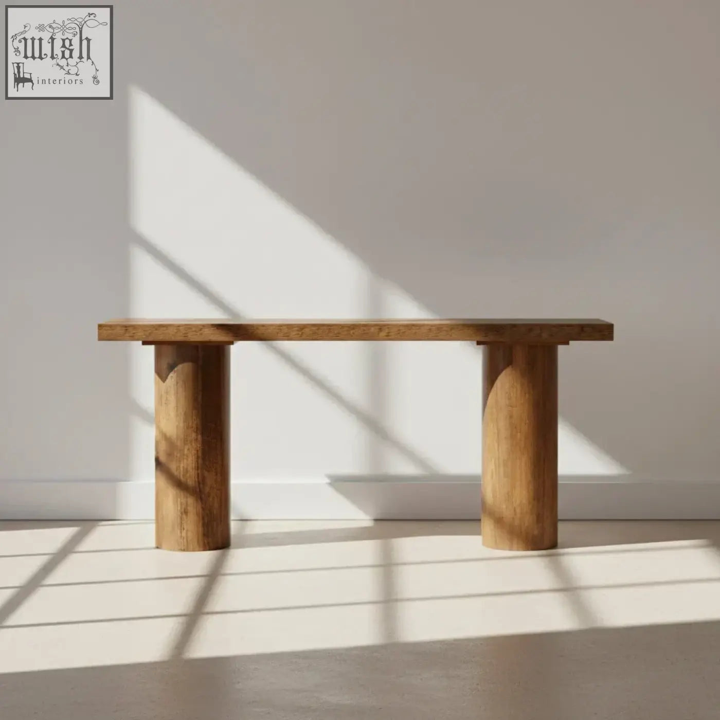 Minimalist wooden 160cm console table with smooth light brown finish and two sturdy cylindrical legs for rustic decor
