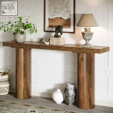 Rustic wooden 160cm console table with thick cylindrical legs and smooth natural wood finish for sofa or bar use