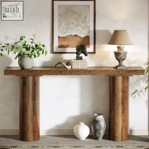Rustic wooden 160cm console table with thick cylindrical legs and smooth natural wood finish for sofa or bar use