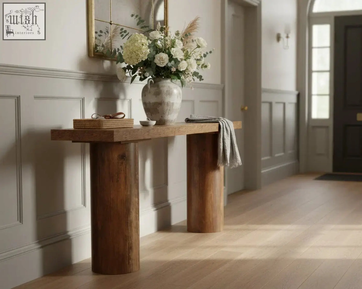 A rustic wooden 160cm console table with thick cylindrical legs and a smooth top perfect as a long sofa or bar table