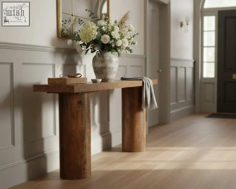 A rustic wooden 160cm console table with thick cylindrical legs and a smooth top perfect as a long sofa or bar table