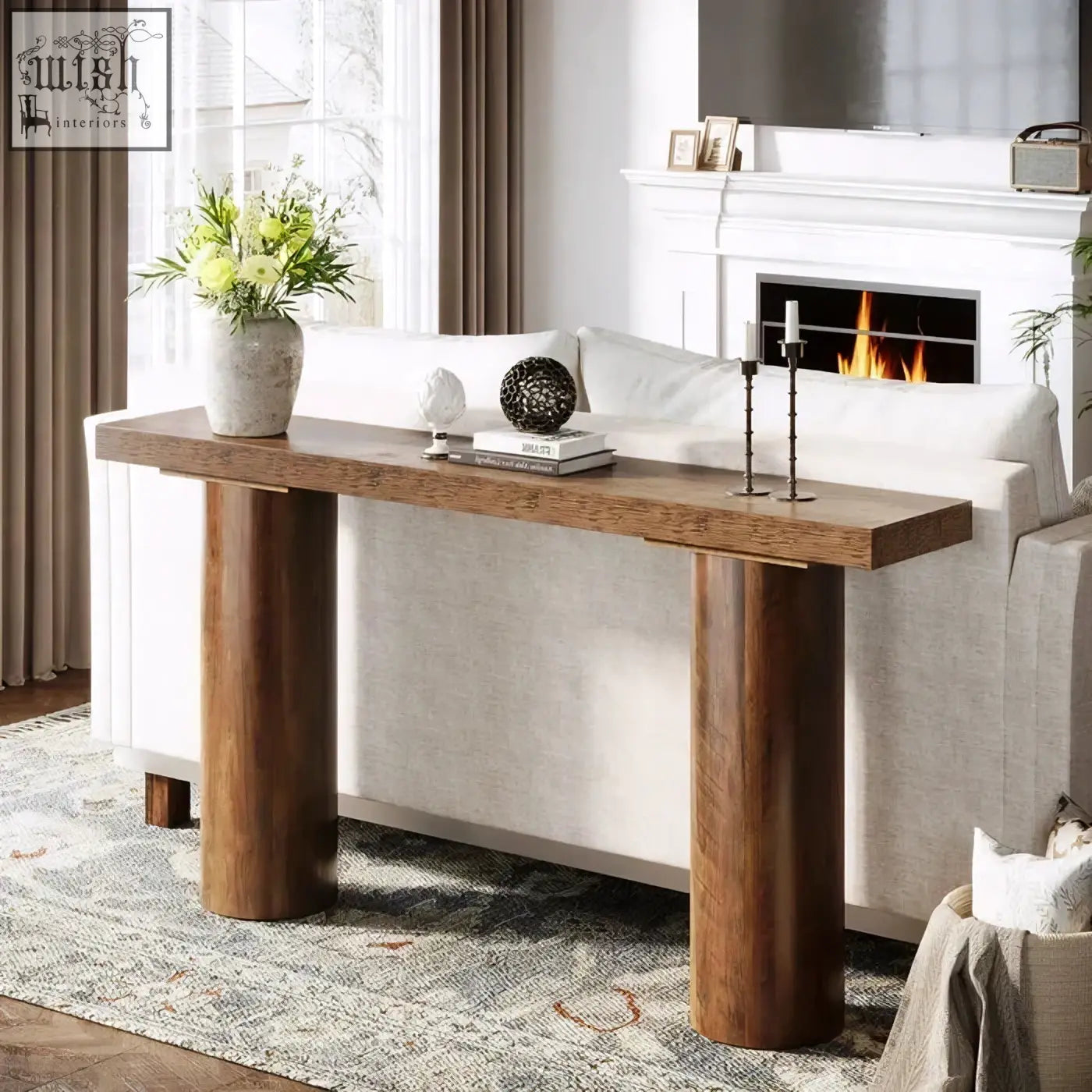Rustic wooden 160cm console table with thick cylindrical legs and smooth medium brown finish for sofa or bar use