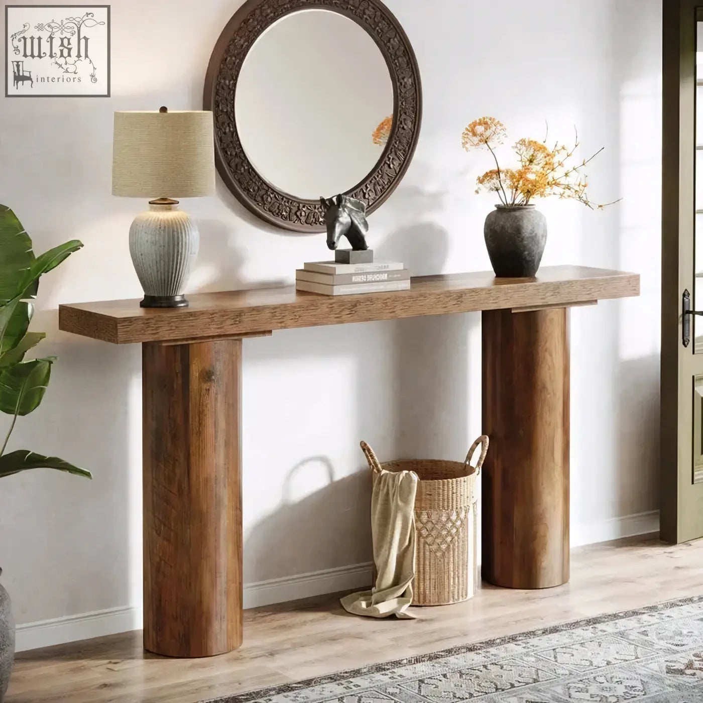 Rustic wooden 160cm console table with thick cylindrical legs and smooth natural wood finish perfect as sofa or bar table