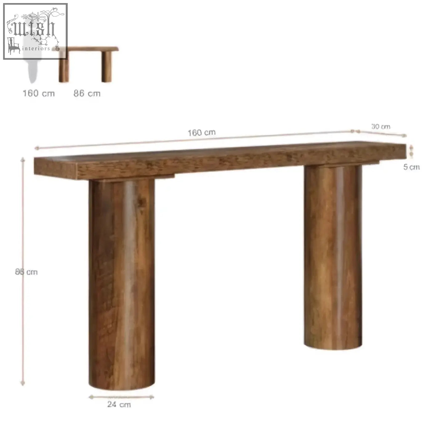 Rustic wooden 160cm console table with thick dark brown finish and sturdy cylindrical legs for sofa or bar use