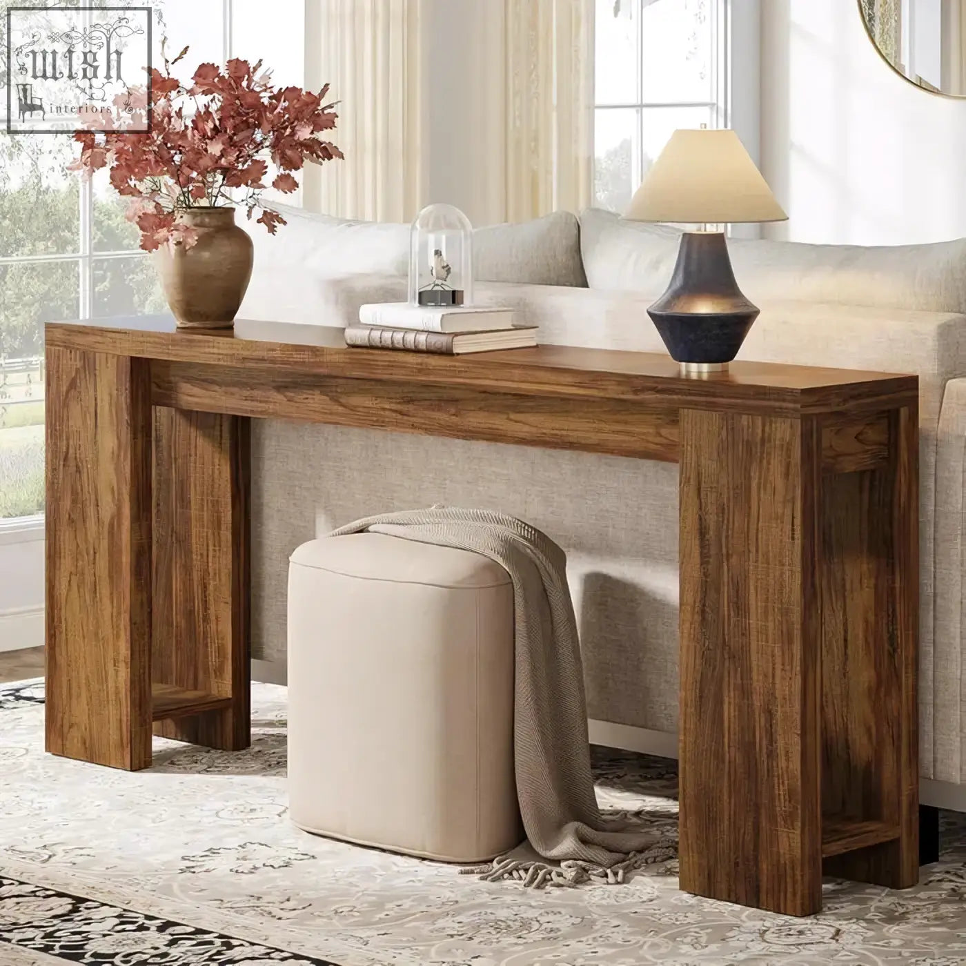 Rustic farmhouse console table with warm brown wooden finish and sturdy rectangular legs perfect as sofa table or entryway table