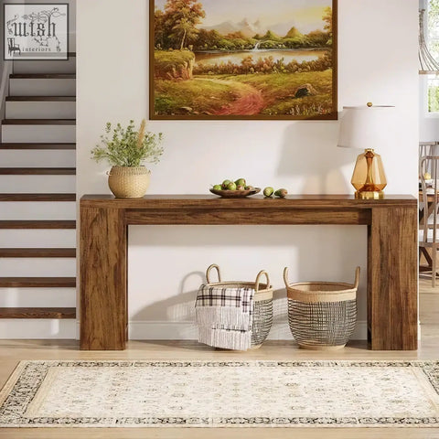 Dark wood rustic farmhouse console table with smooth polished finish and sturdy rectangular legs for entryway or sofa table