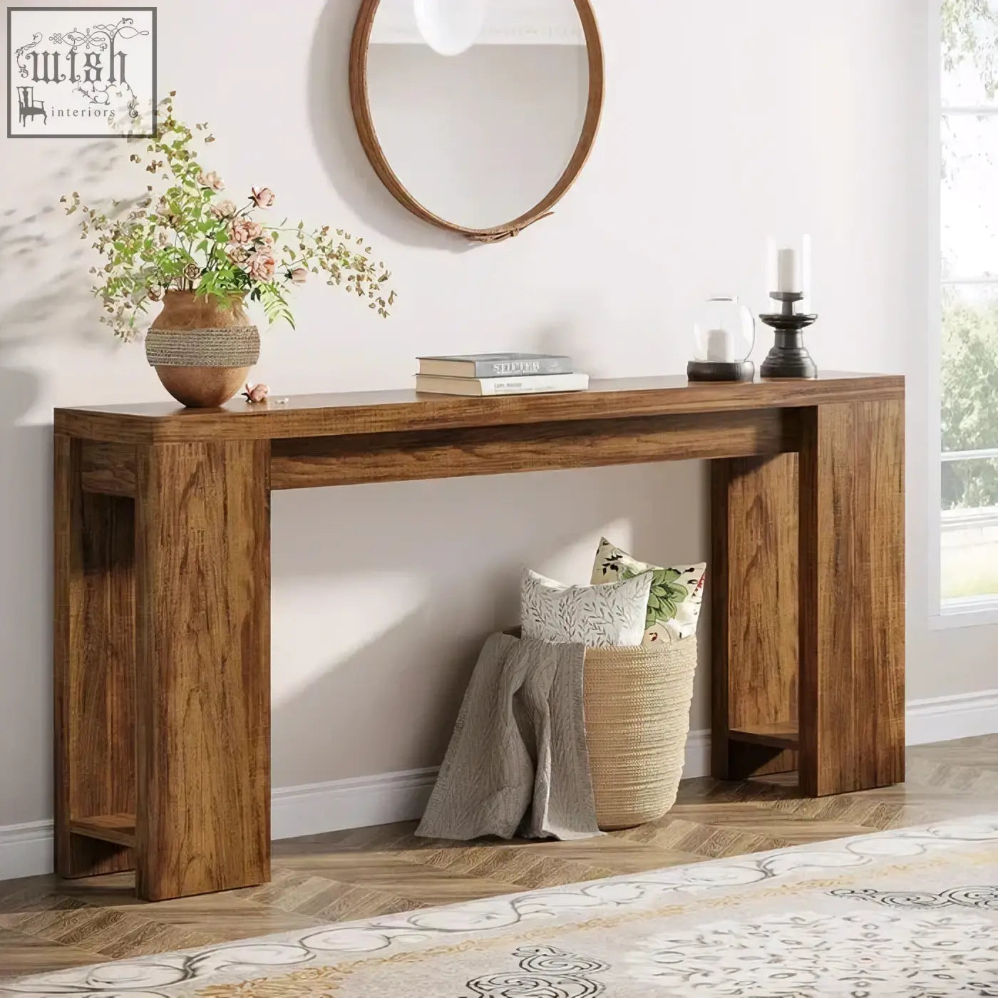 Rustic farmhouse console table with warm brown finish and thick legs perfect as an entryway or sofa table with storage