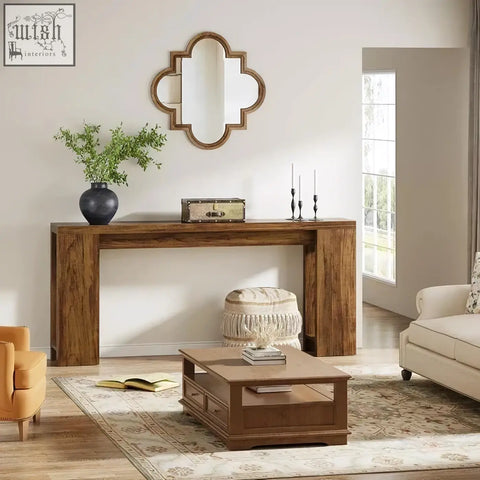 Rustic farmhouse console table with rich warm brown wood finish and visible grain perfect as entryway or sofa table