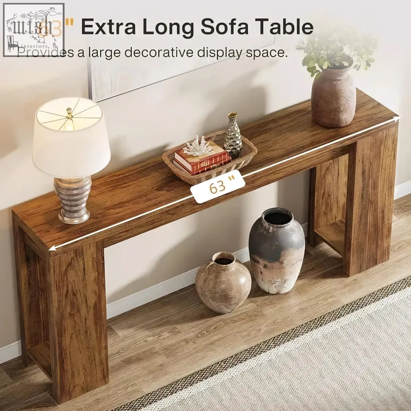63-inch extra long wooden rustic farmhouse sofa table with open storage shelves perfect as a console table
