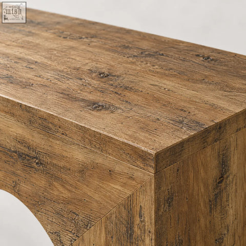 Rustic brown wooden 160cm rustic wavy scalloped console table with visible grain and knots for entryway or living room