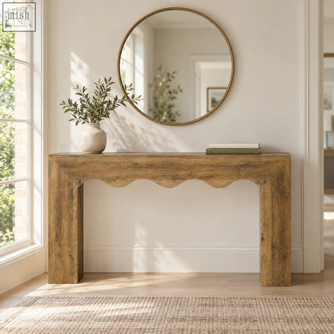 Rustic wooden 160cm rustic wavy scalloped console table with scalloped front edge and sturdy rectangular legs