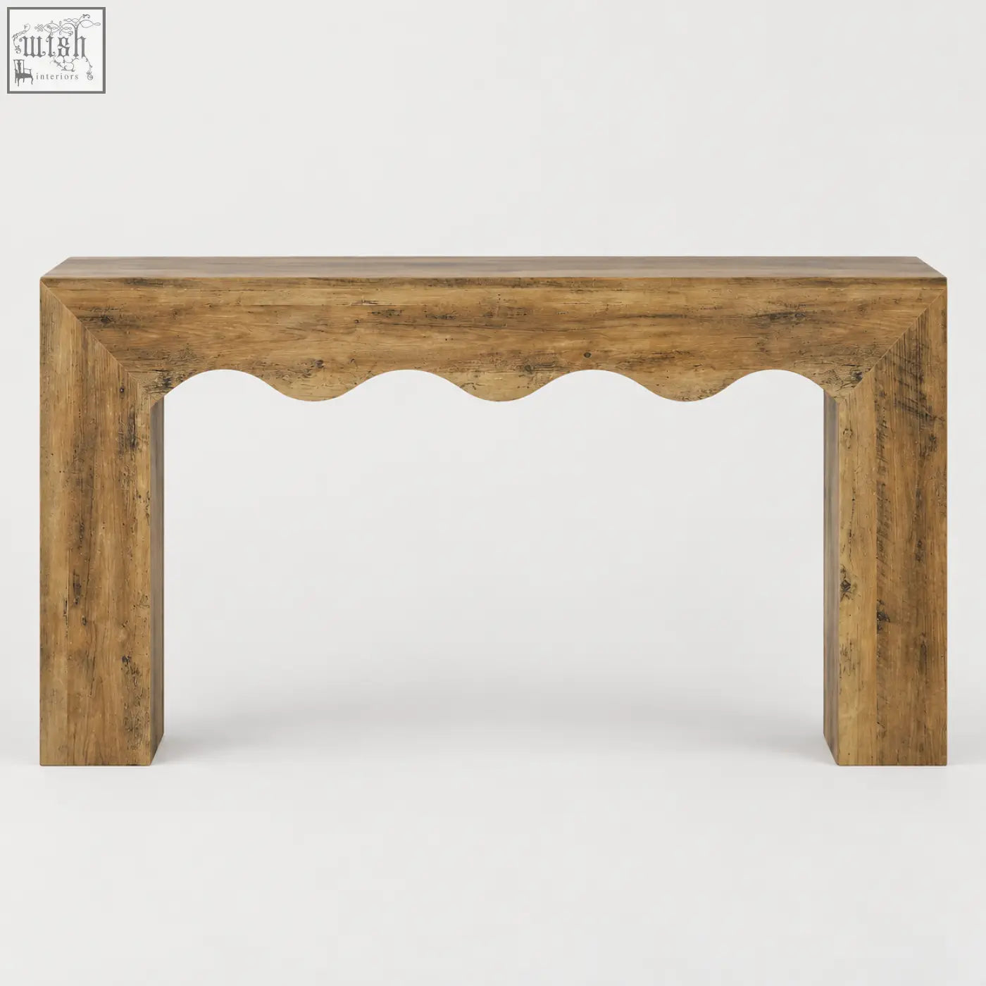 A 160cm rustic wavy scalloped wooden console table with natural wood grain and a scalloped front edge