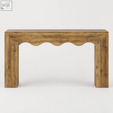 A 160cm rustic wavy scalloped wooden console table with natural wood grain and a scalloped front edge