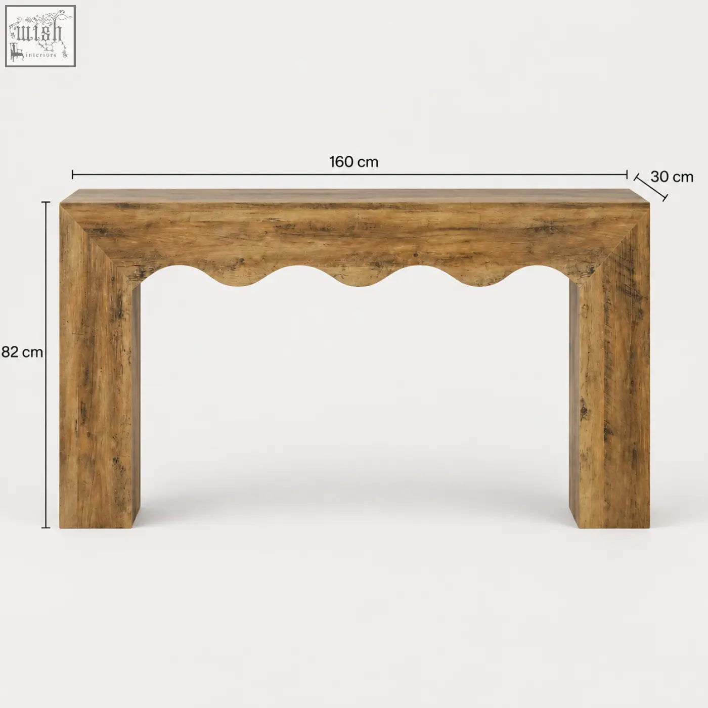 A 160cm rustic wavy scalloped wooden console table with a scalloped top edge and sturdy rectangular legs