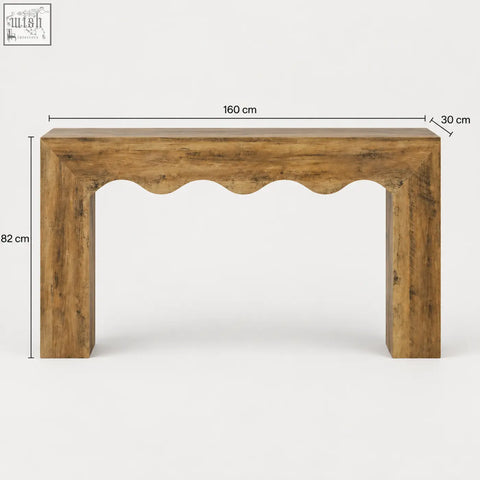 A 160cm rustic wavy scalloped wooden console table with a scalloped top edge and sturdy rectangular legs