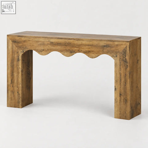 A 160cm rustic wavy scalloped wooden console table with a warm natural finish and distinctive scalloped front edge