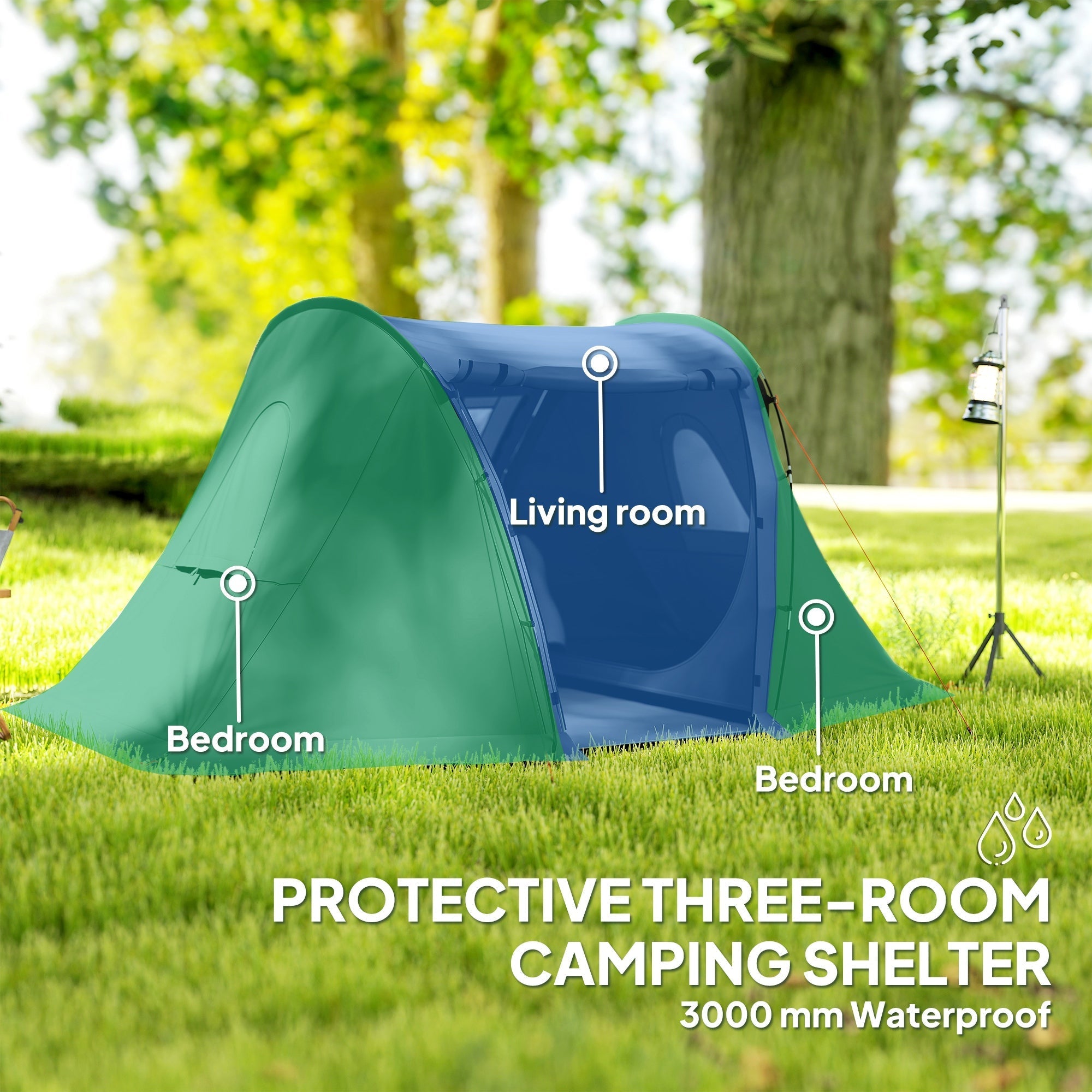 Outsunny 3 Man Camping Tent with Living Area and 2 Bedrooms, 3000mm Waterproof Family Tent with Sewn-in Groundsheet, Portable with Bag for Hiking, Festival, Backpacking, Drak Grey