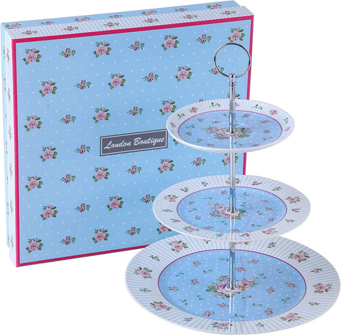 Tea Coffee Family Set for Mothers Day Coronation Party- 3 Tier Cake Stand, Teapot, Milk Jug, Sugar Bowl, 4 Plates, 4 Cups/ 4 Saucers (Blue)