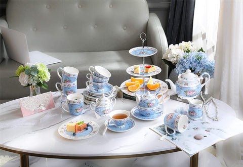 Gift For Mum/ Dad Coronation Family Party Set Special 3 Tier Cake Stand Teapot Milk Jug 2 Cups 2 Saucers (Blue Rose)