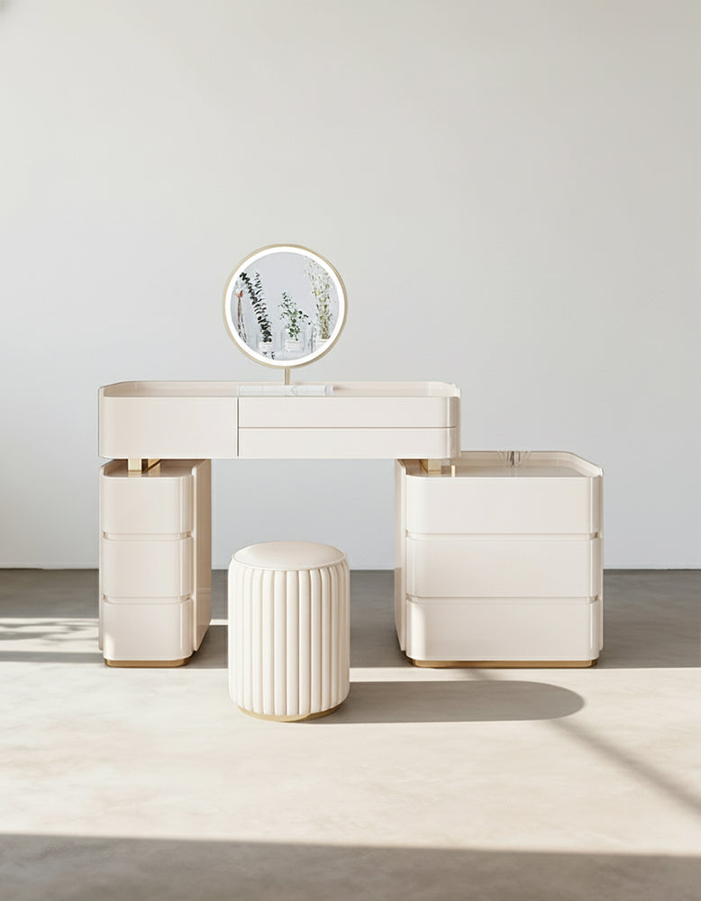 López Dressing Table With 2 Side Cabinets & LED Mirror and Stool, Cream