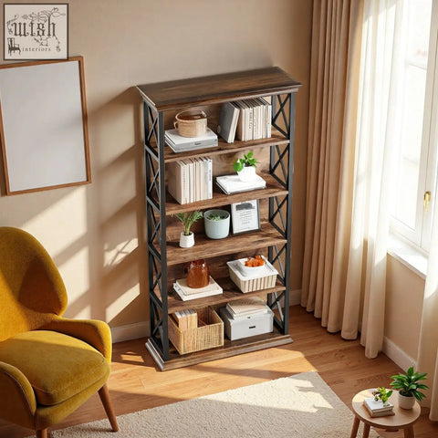 Dark wood and black metal 180cm 5-tier rustic industrial bookcase with large open shelves for display and storage