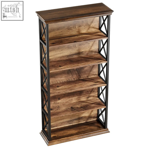 Dark brown wooden 180cm 5-tier rustic industrial bookcase with black metal x-shaped frame for open shelf storage