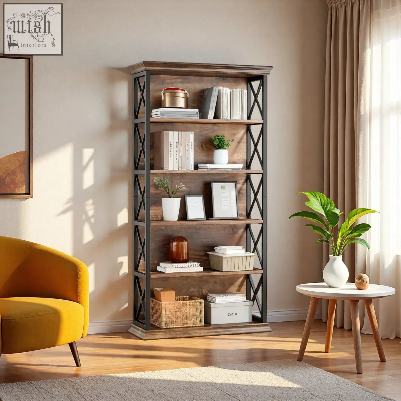 Rustic industrial bookcase with black metal x-frame supports and wooden shelves holding books plants and decor items