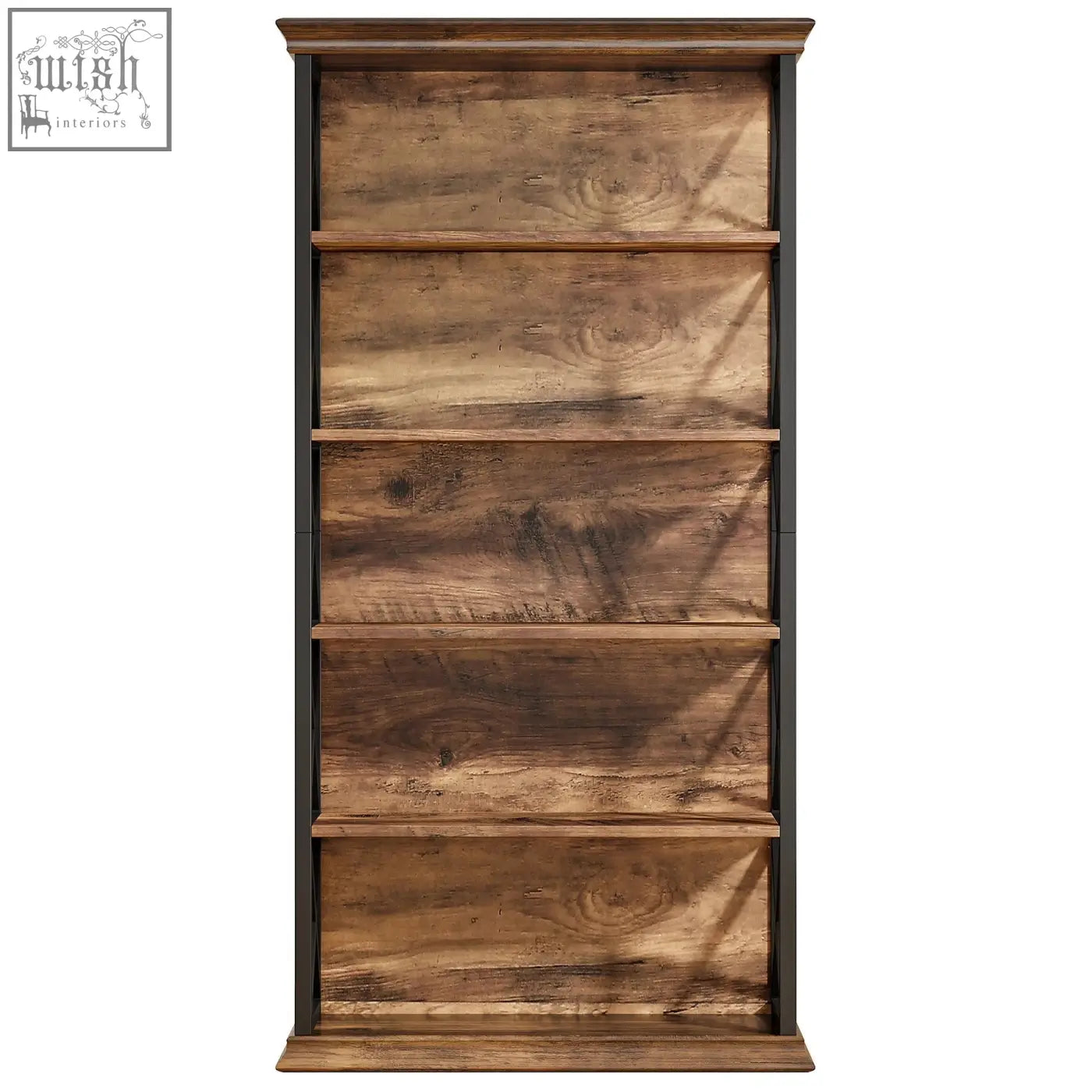 Rustic industrial bookcase with dark brown distressed wooden shelves and black metal frame for open storage display