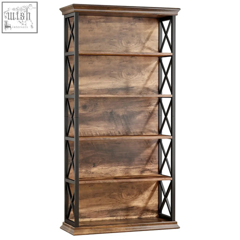 A 180cm 5-tier rustic industrial bookcase with distressed wood shelves and black metal x-shaped side frames for storage