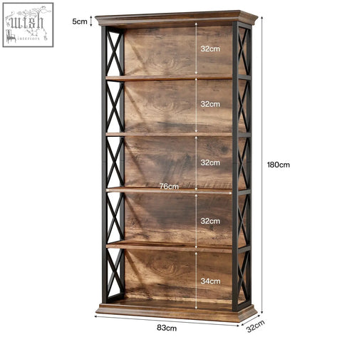 Rustic industrial bookcase with black metal x frames and five wooden shelves for large open shelf display and storage