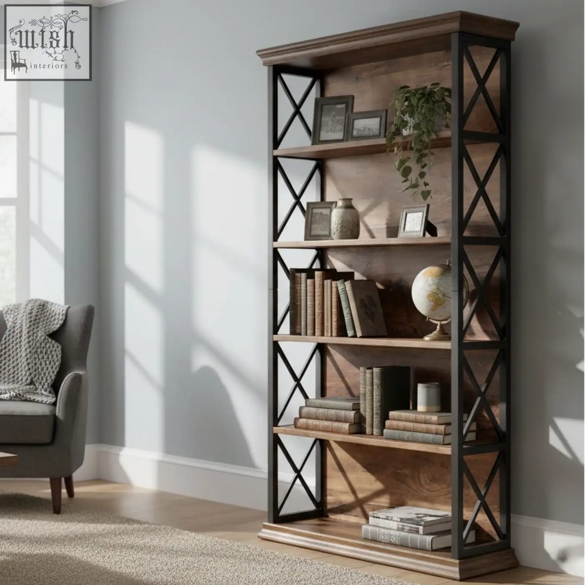 Rustic industrial bookcase with 180cm height, 5-tier distressed wooden shelves, and black metal x-frame supports
