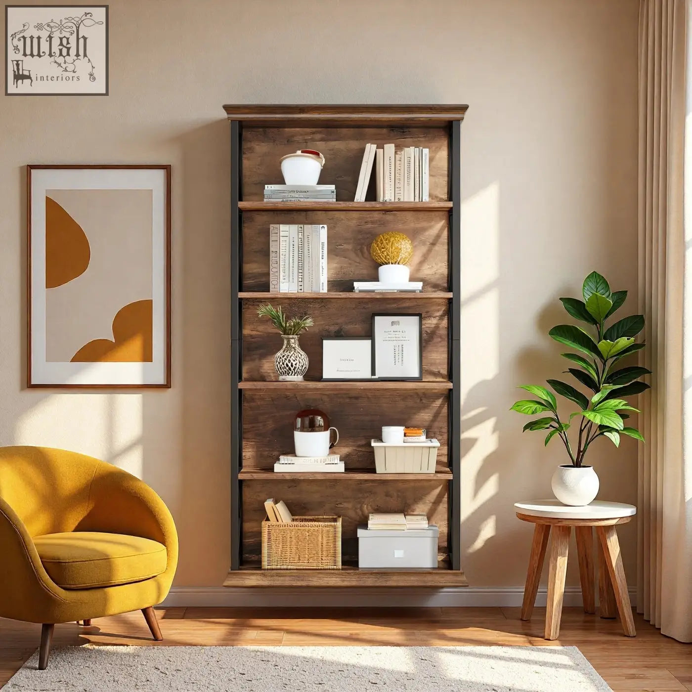 Rustic industrial bookcase with dark metal frame and wooden shelves displaying books plants and decor for storage