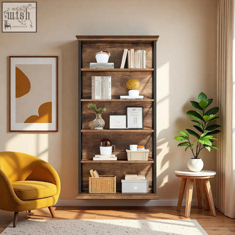 Rustic industrial bookcase with dark metal frame and wooden shelves displaying books plants and decor for storage