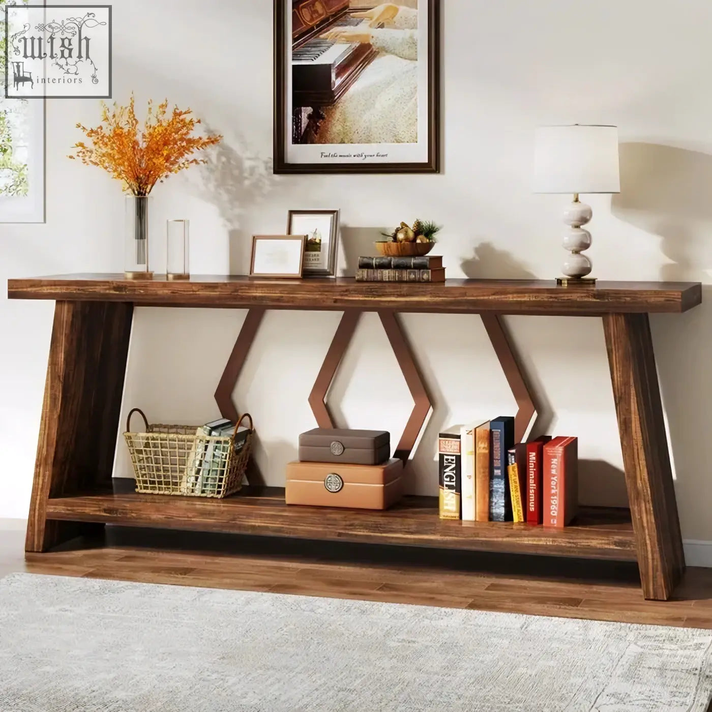Dark brown rustic walnut console table with geometric cutout legs and lower shelf for entryway or sofa table use