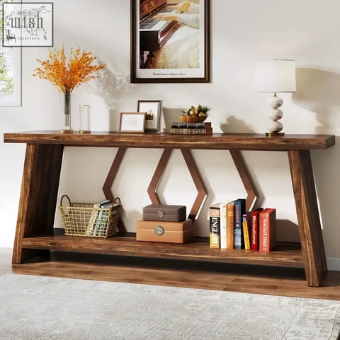 Dark brown rustic walnut console table with geometric cutout legs and lower shelf for entryway or sofa table use