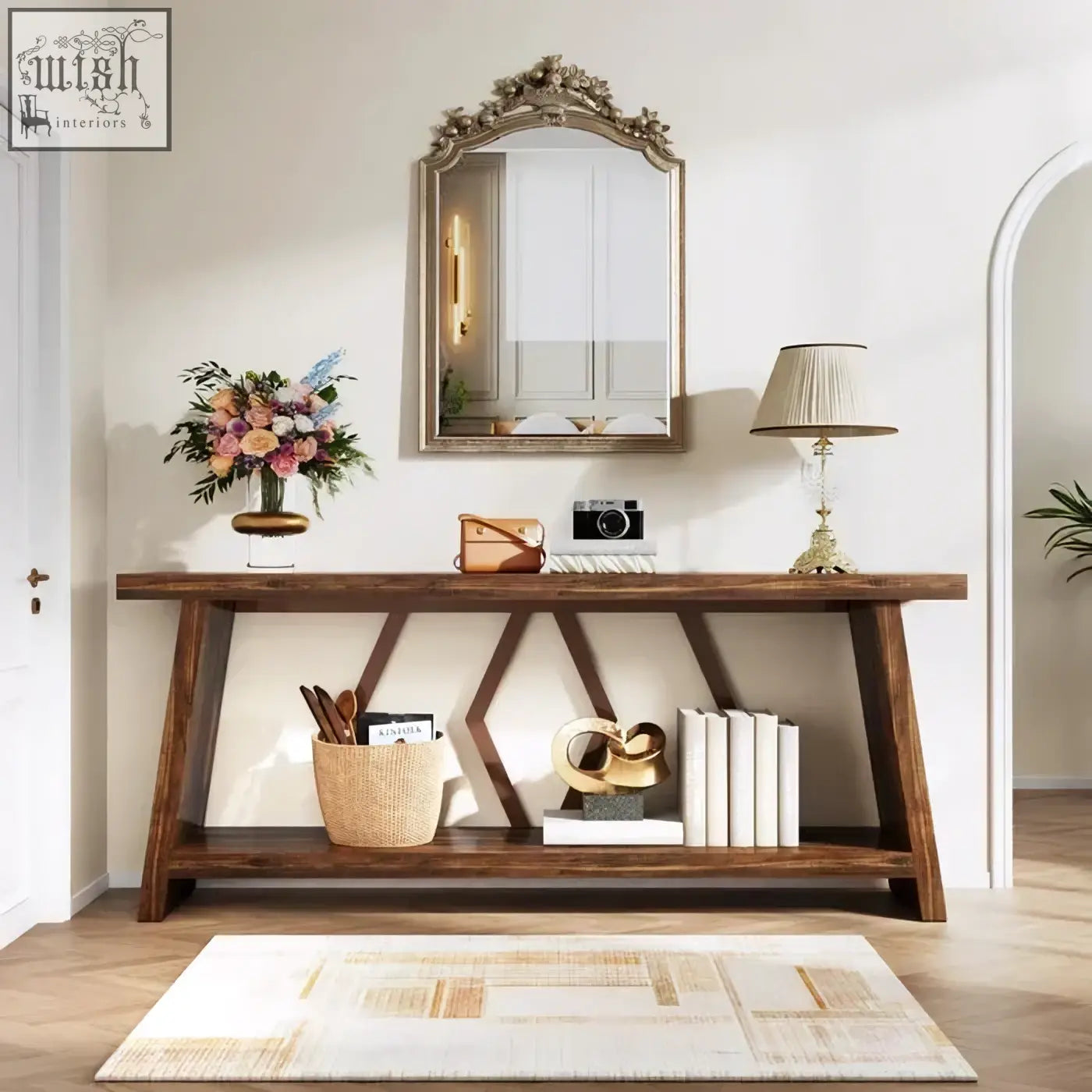 Dark wood rustic walnut console table with geometric x-shaped supports and two shelves for entryway or sofa use
