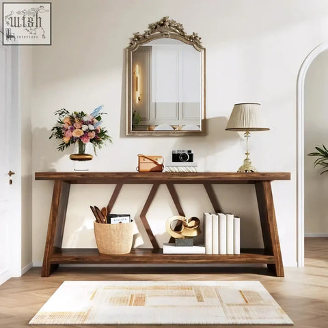 Dark wood rustic walnut console table with geometric x-shaped supports and two shelves for entryway or sofa use