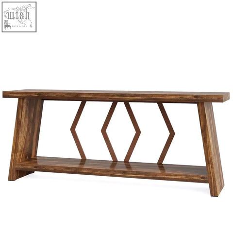 A sleek dark brown rustic walnut console table with geometric lattice design and lower shelf for entryway or sofa use