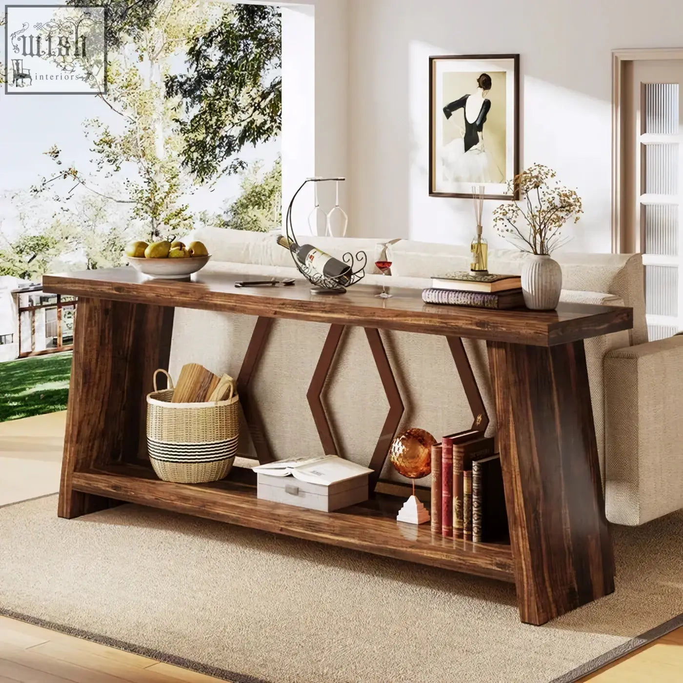 Dark wood rustic walnut console table with geometric leg design and lower shelf for entryway or sofa use