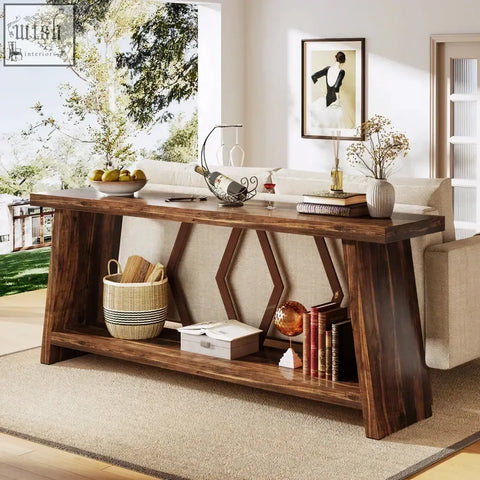 Dark wood rustic walnut console table with geometric leg design and lower shelf for entryway or sofa use