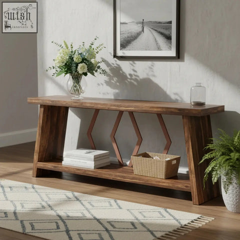 Rustic walnut console table with geometric lattice legs and open lower shelf perfect for entryway or sofa table