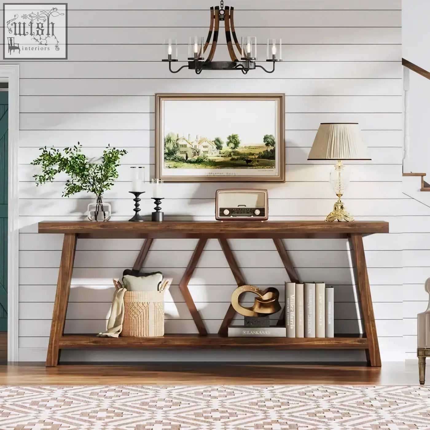 Dark wood rustic walnut console table with geometric x-shaped lower shelf perfect for entryway or sofa table