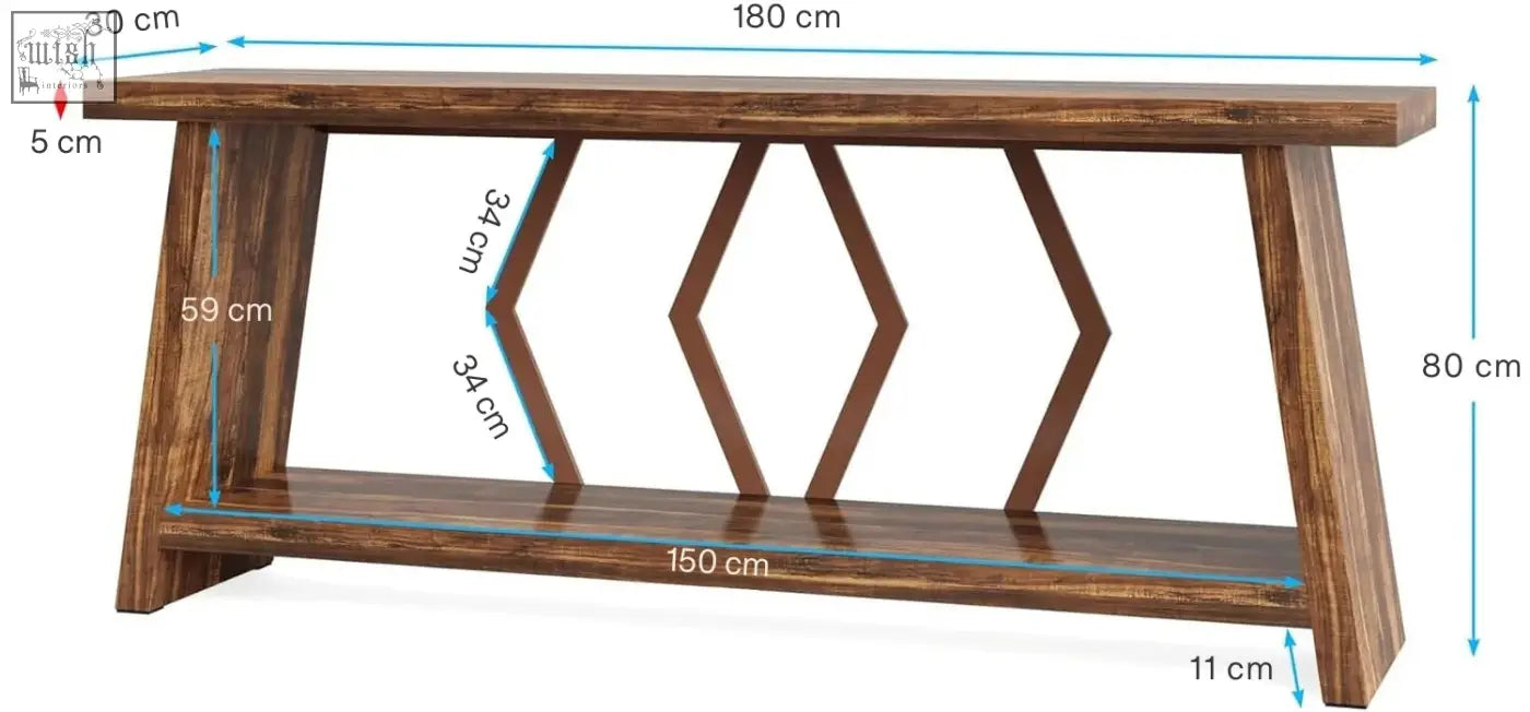 Dark brown rustic walnut console table with geometric lattice design and lower shelf for entryway or sofa table
