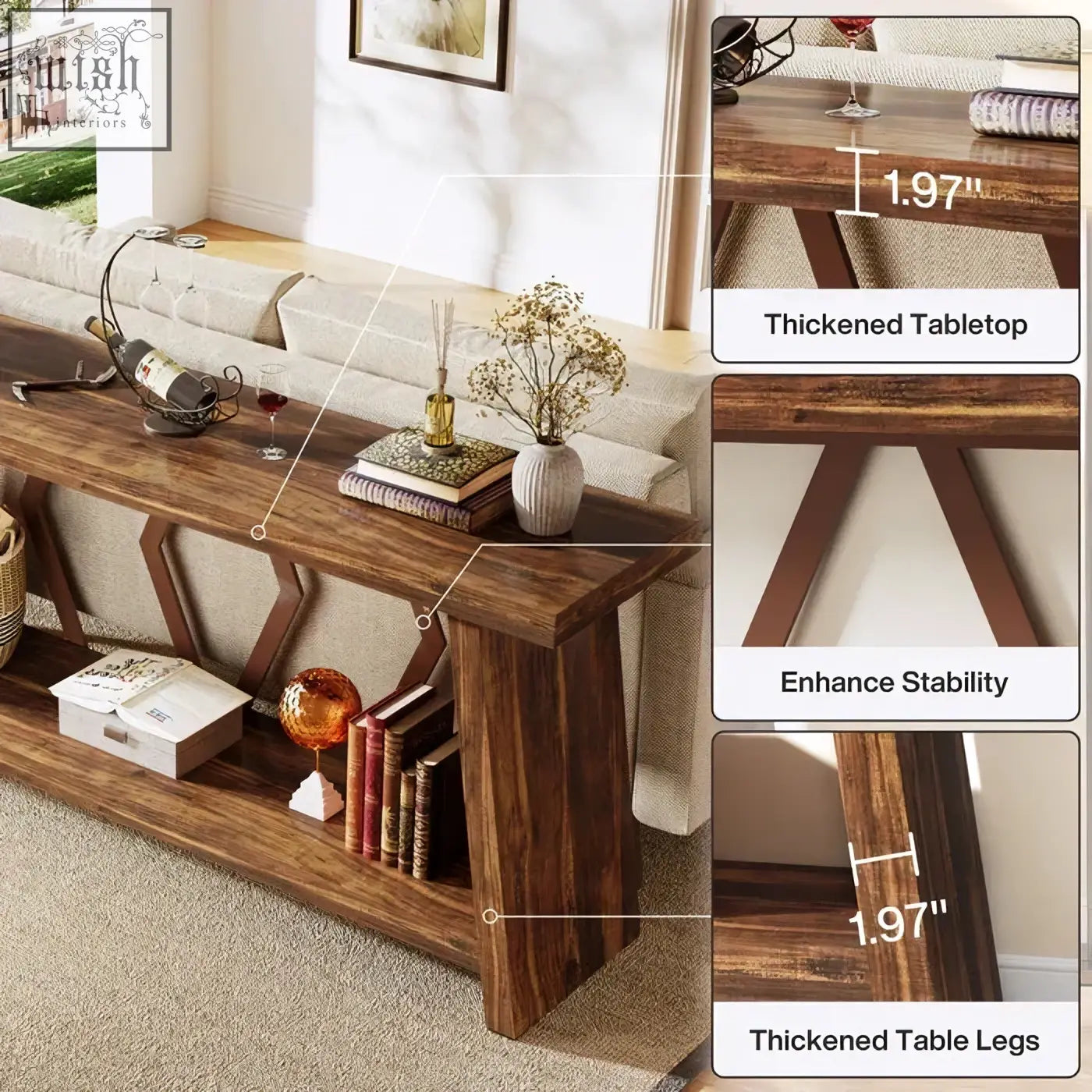 Dark brown rustic walnut console table with thick tabletop and x-shaped legs for extra stability and style